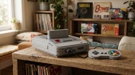 Console rétro en briques de jeu posée sur étagère