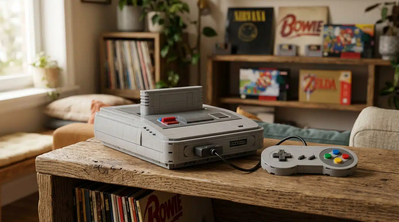 Console rétro en briques de jeu posée sur étagère
