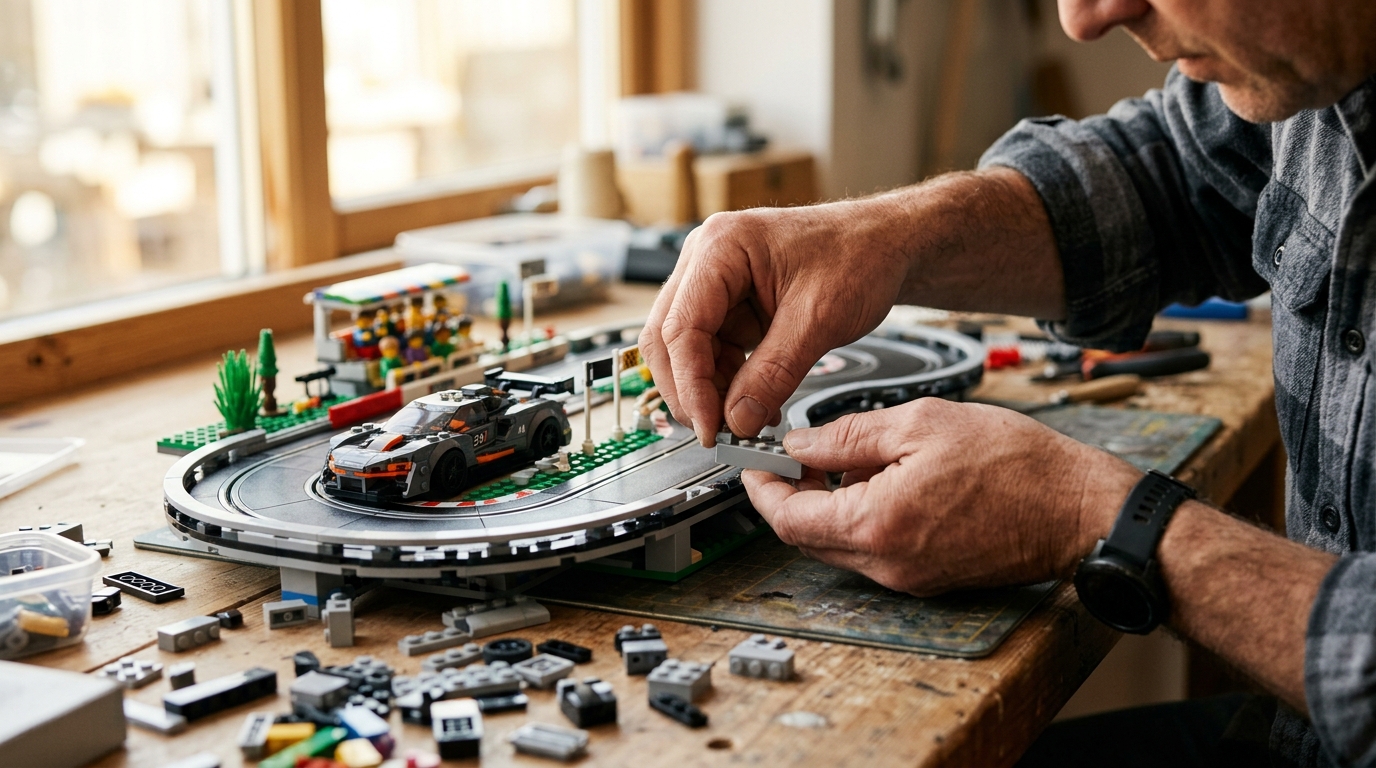 Mains assemblant un circuit miniature en briques