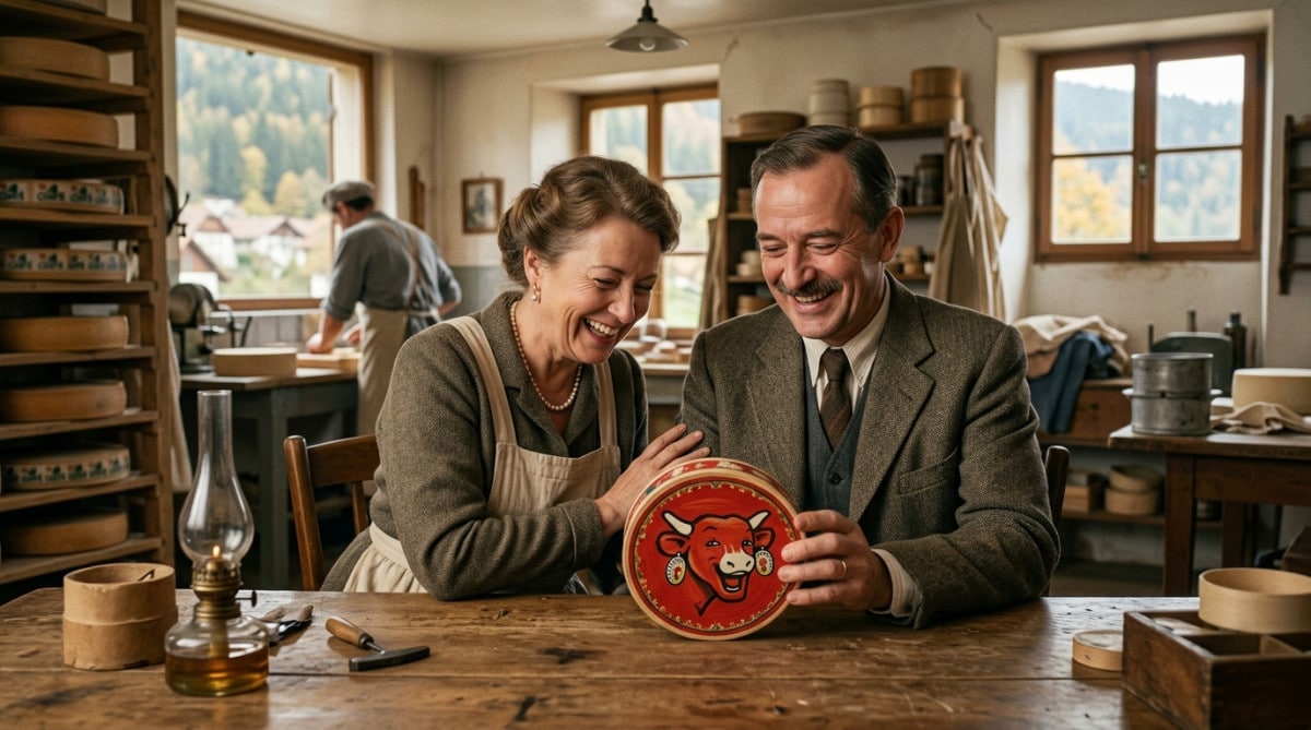 Léon Bel et sa femme examinant le logo rouge de la Vache qui rit