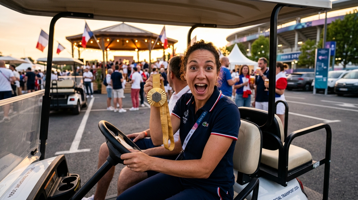 Chauffeur tenant la médaille d'or retrouvée