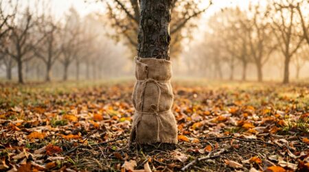 Bande de jute enroulée autour d'un jeune tronc fruitier