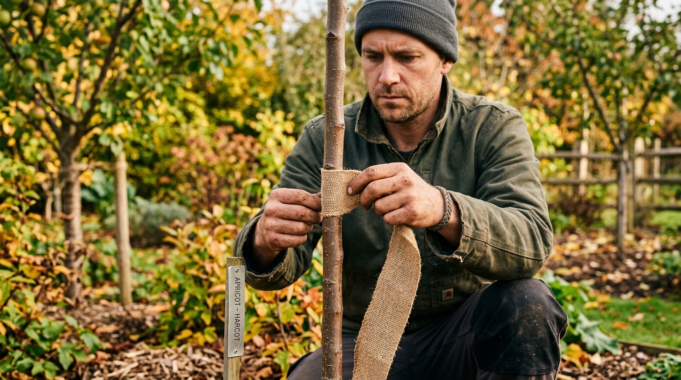 Jardinier protégeant un tronc d'arbre avec de la toile