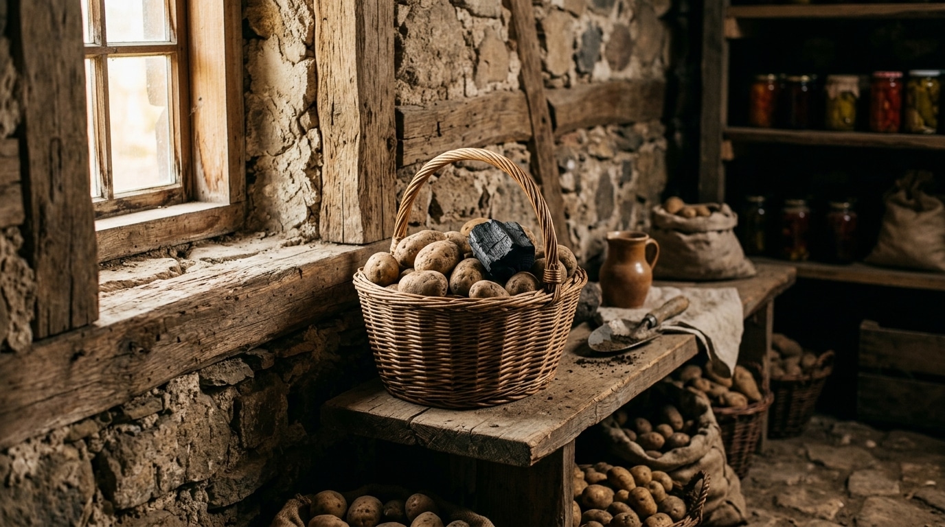 Panier de pommes de terre avec morceau de charbon