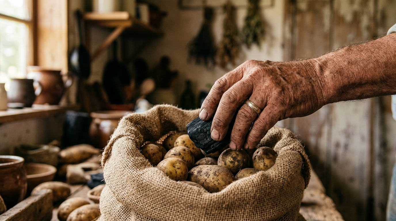 Main plaçant du charbon de bois dans un sac de pommes de terre