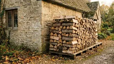 Tas de bûches surélevé à distance d'un mur en pierre
