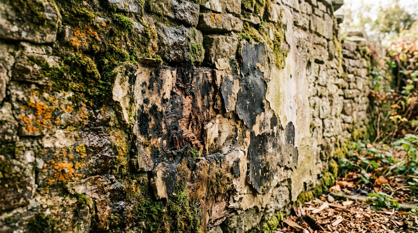 Mur de façade humide avec mousse et enduit décollé