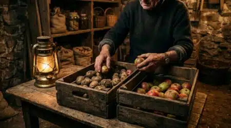 Mains rangeant pommes de terre et pommes dans une cave
