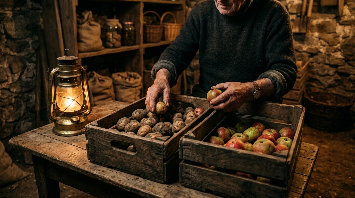 Mains rangeant pommes de terre et pommes dans une cave