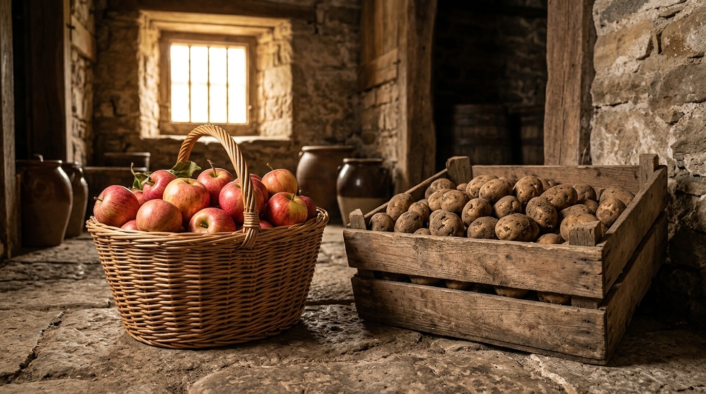 Panier de pommes et cagette de pommes de terre séparés