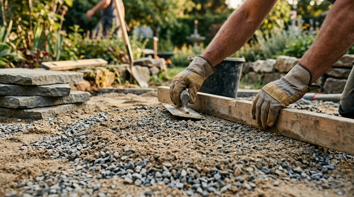 Mains posant du sable sous des dalles de jardin