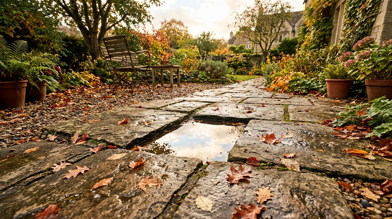 Dalles de terrasse inclinées avec flaque d'eau