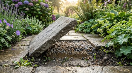 Dalle de jardin soulevée montrant le lit de gravier