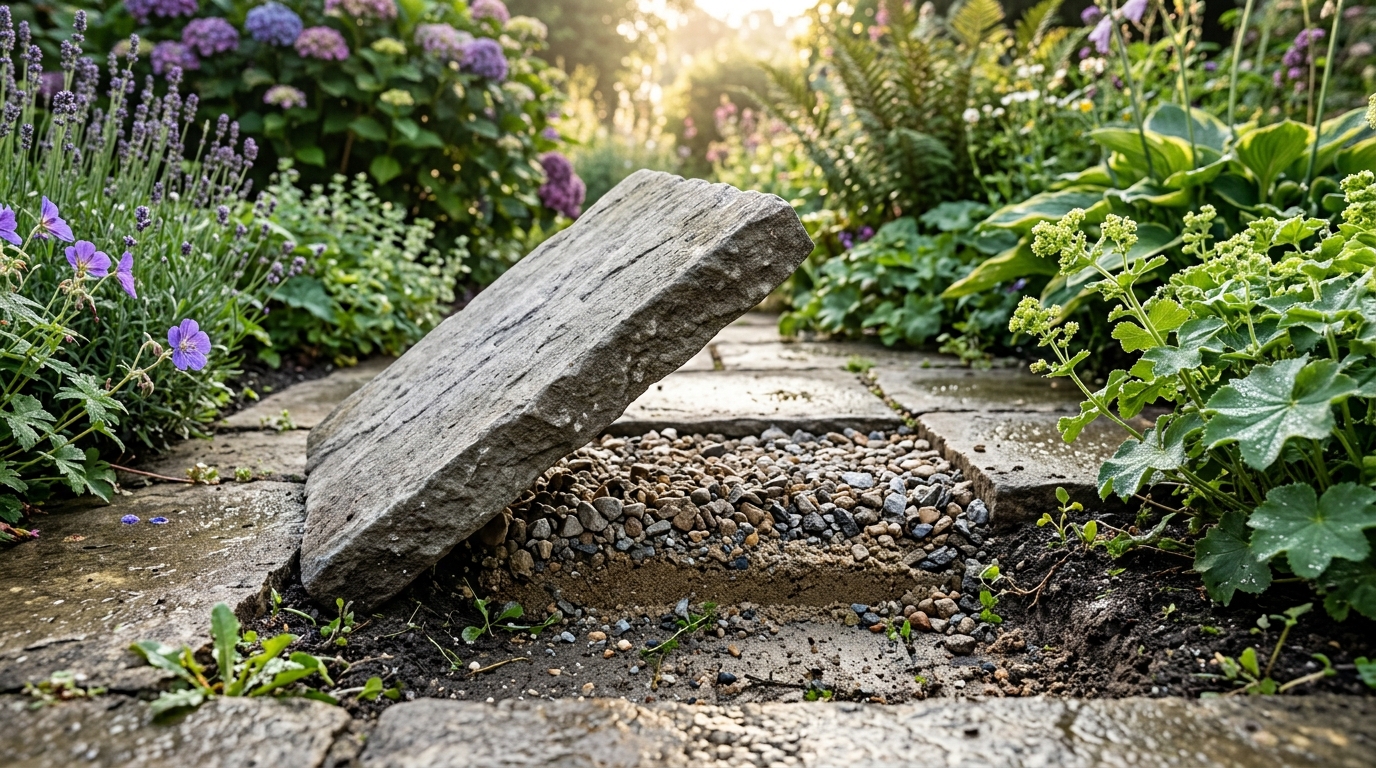 Dalle de jardin soulevée montrant le lit de gravier
