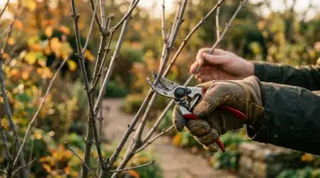 Sécateur de jardinier près de branches de lilas nues