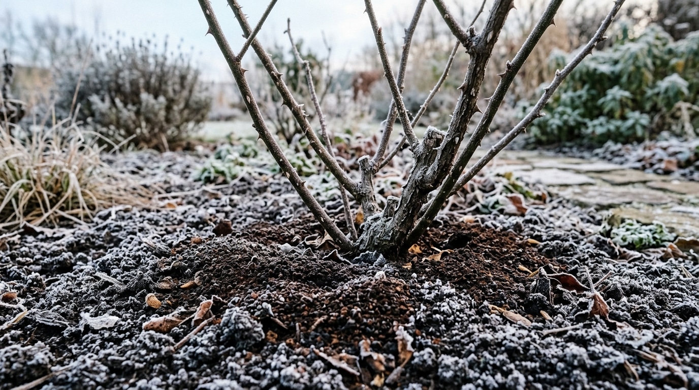 Marc de café séché au pied d'un rosier en hiver