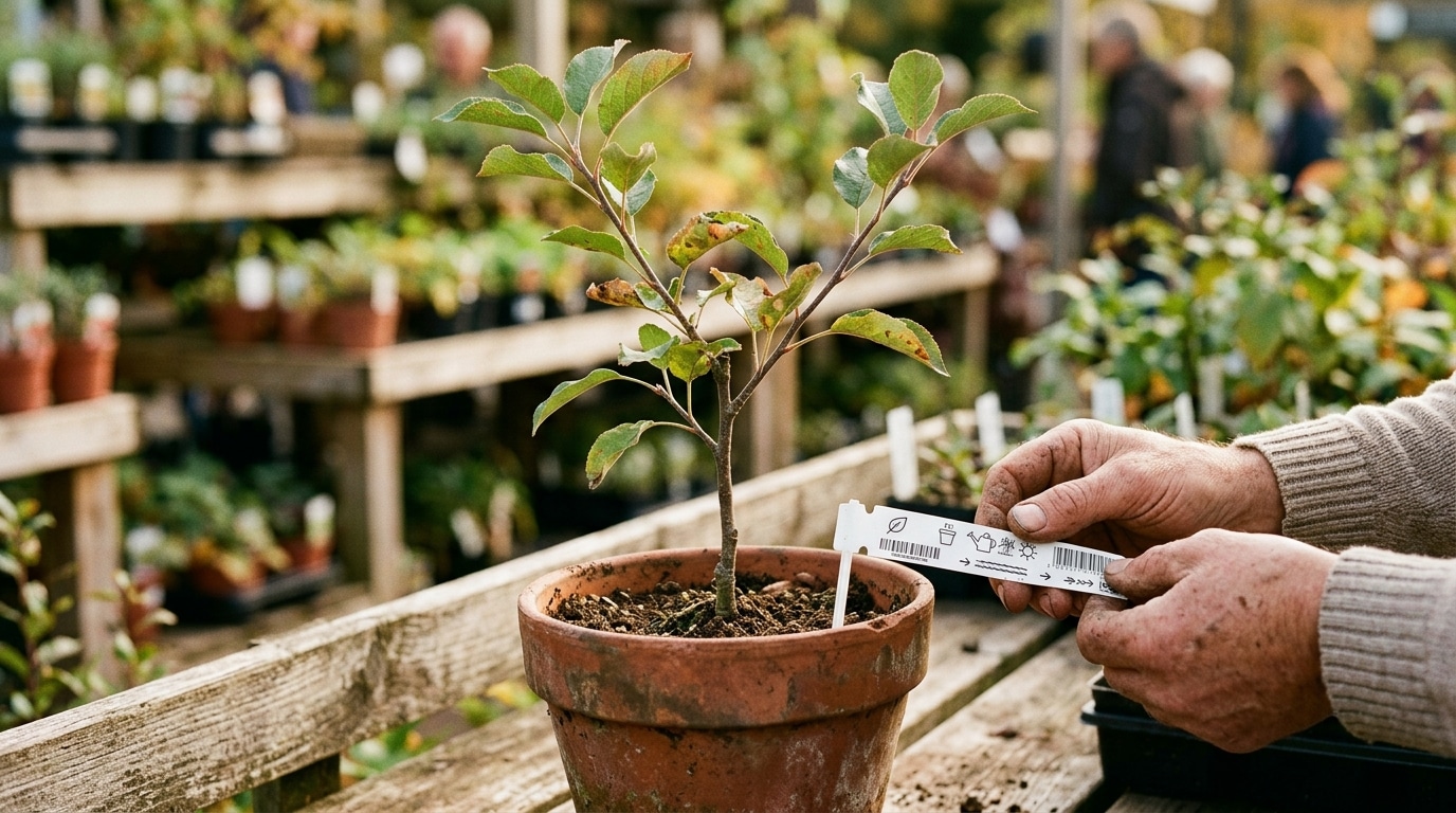 Étiquette technique sur jeune pommier en pot