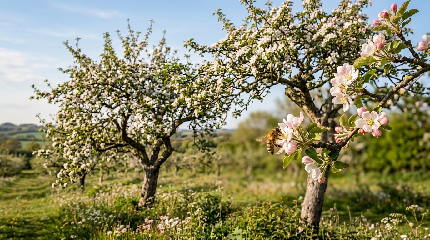 Abeille butinant les fleurs de deux pommiers voisins