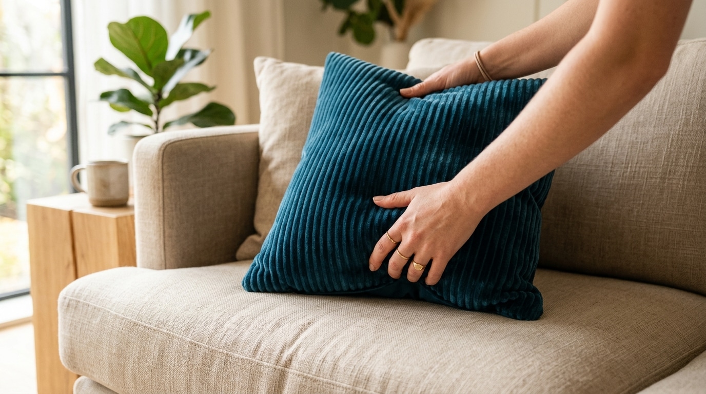 Mains arrangeant un coussin texturé sur canapé beige