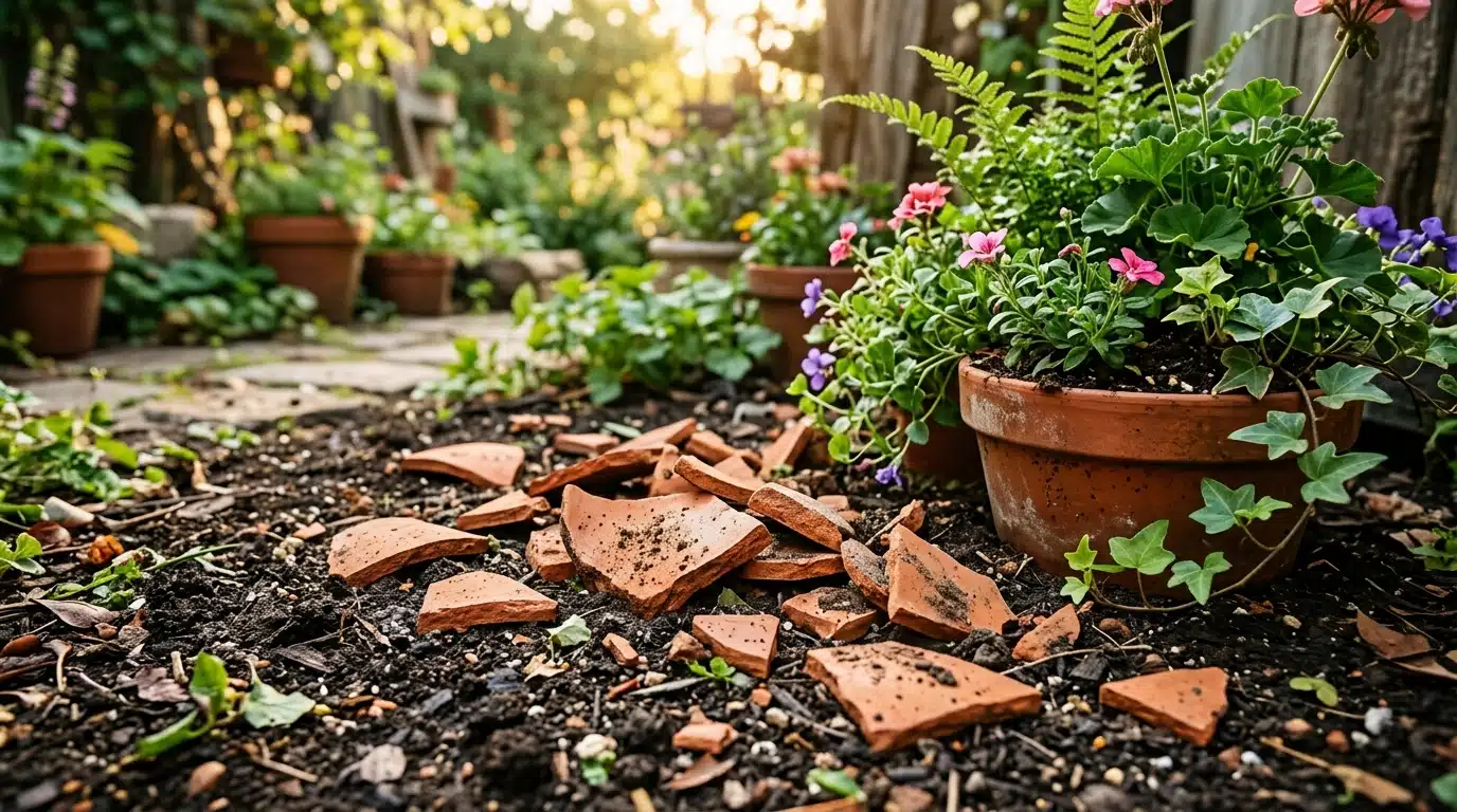 Tessons de pot en terre cuite cassé au jardin