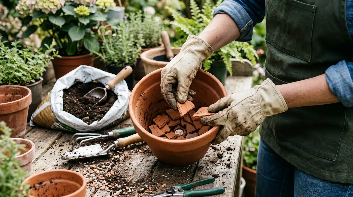 Mains gantées disposant des éclats de terre cuite