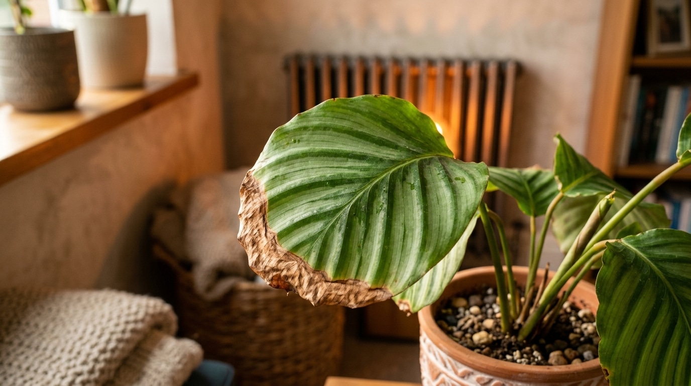 Feuille de plante verte aux pointes brunes séchées