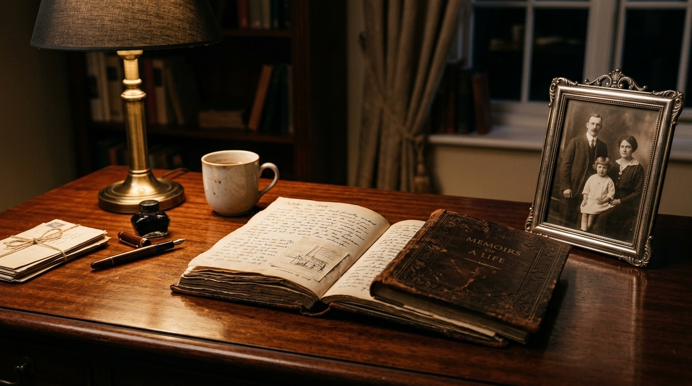 Livre de mémoires ouvert près d'un cadre photo ancien