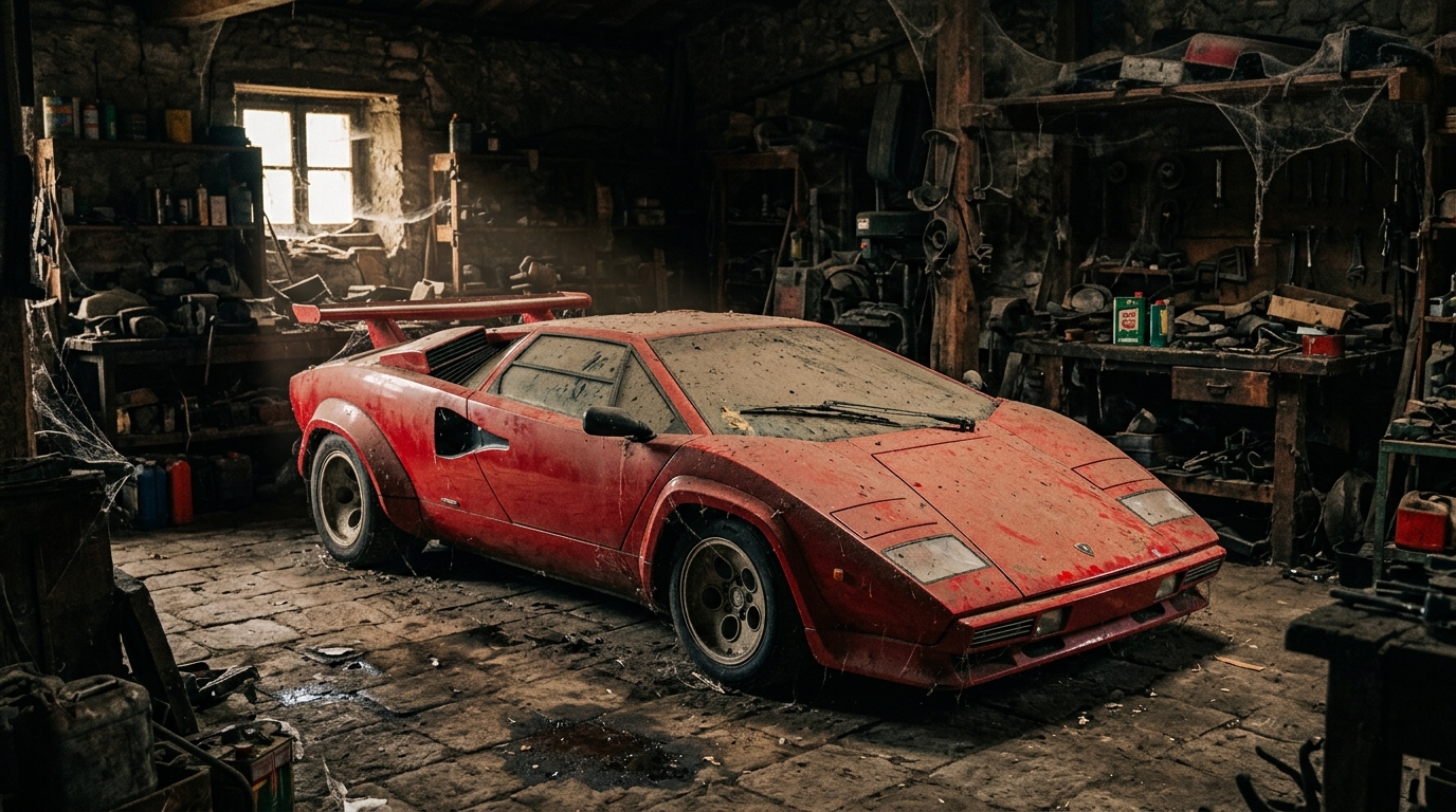 Ferrari F40 poussiéreuse oubliée dans un garage