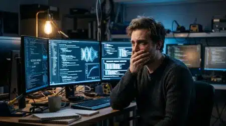 Chercheur en informatique face à des écrans la nuit