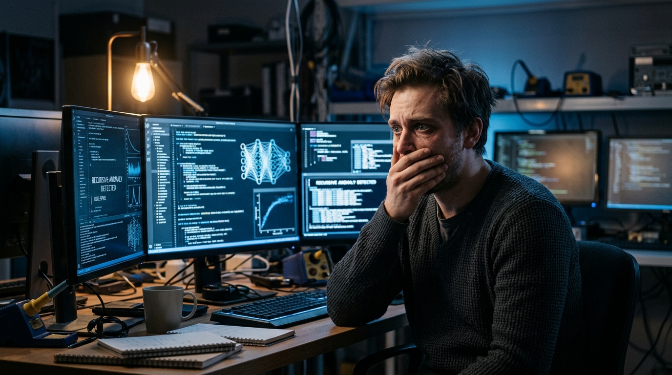 Chercheur en informatique face à des écrans la nuit
