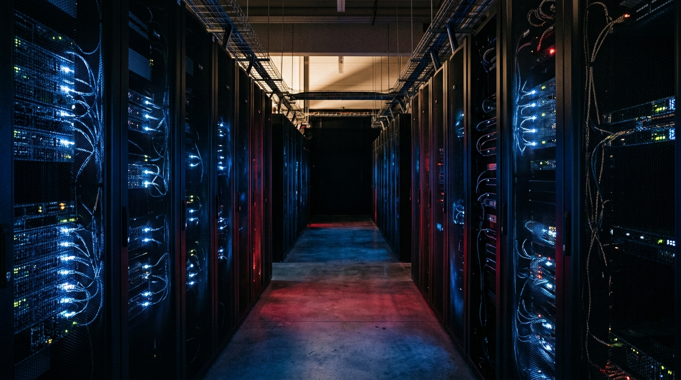 Couloir de serveurs informatiques aux lumières rouges