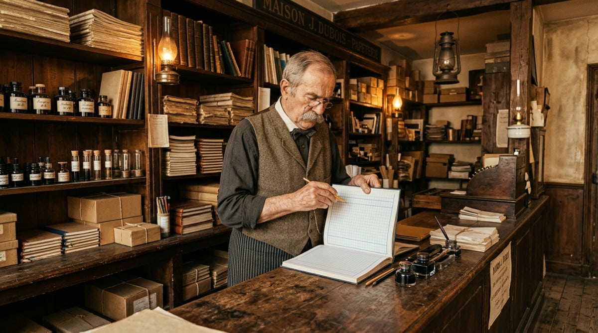 Libraire papetier examinant un cahier dans une boutique ancienne