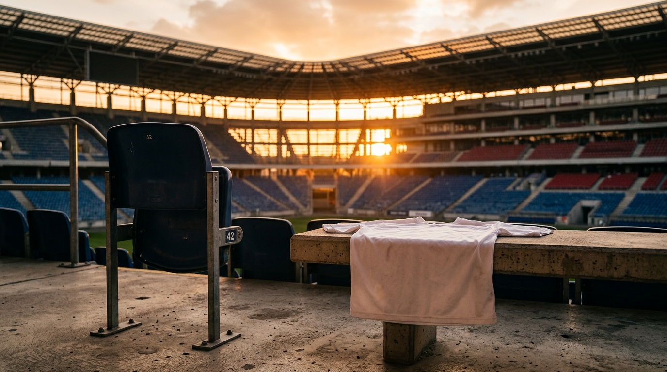 Maillot blanc plié sur un banc de stade vide