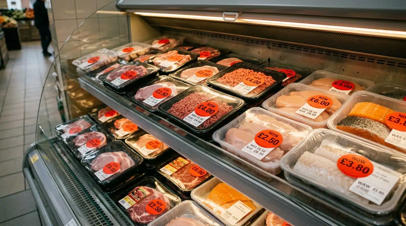 Barquettes de viande réfrigérées avec étiquettes de réduction