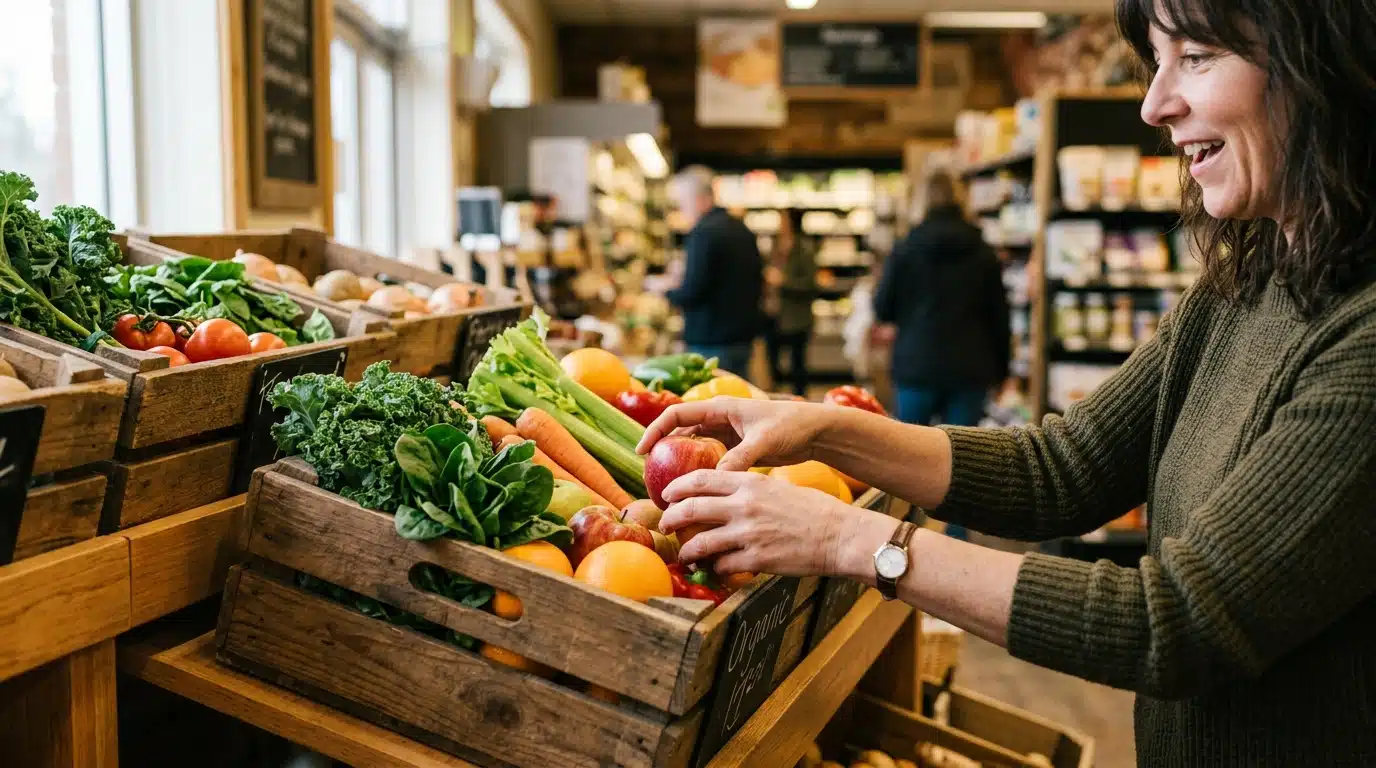 Main saisissant une cagette de fruits et légumes frais