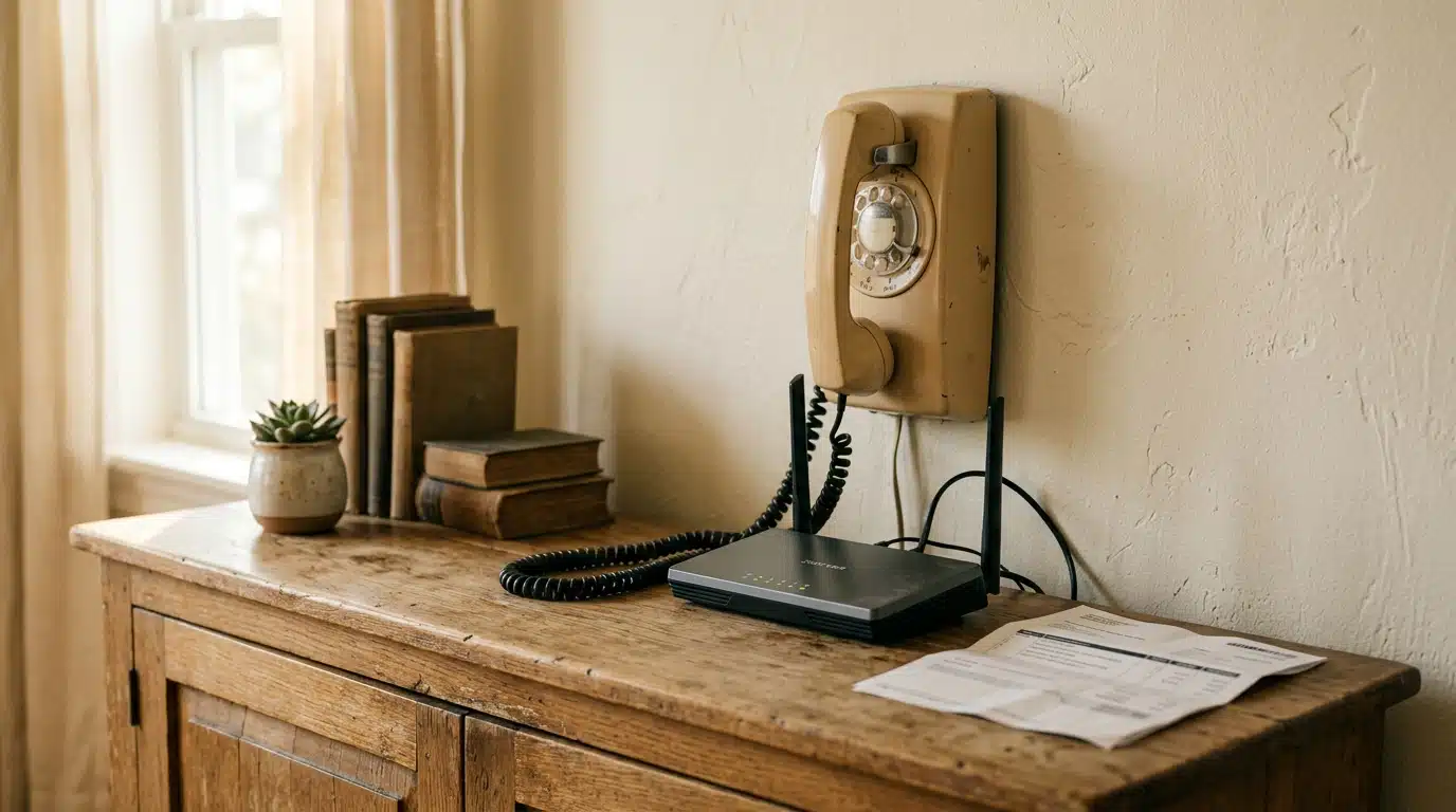 Téléphone fixe beige à côté d'une box internet