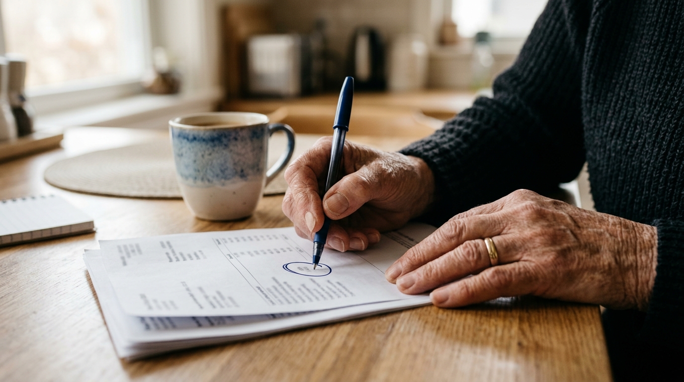 Mains d'un senior annotant une facture à la table de cuisine