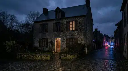 Maison plongée dans le noir la nuit, porte entrouverte