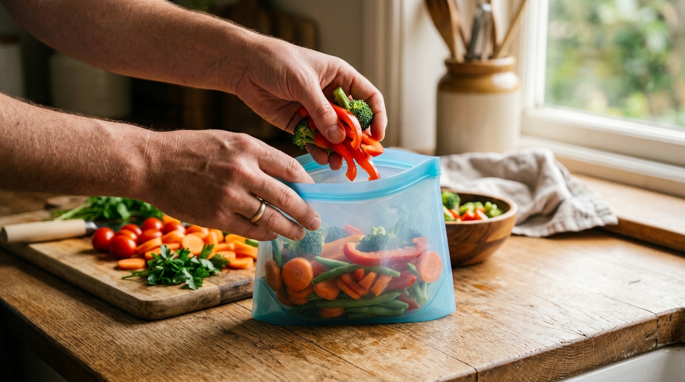 Mains rangeant des légumes dans un sac congélation réutilisable