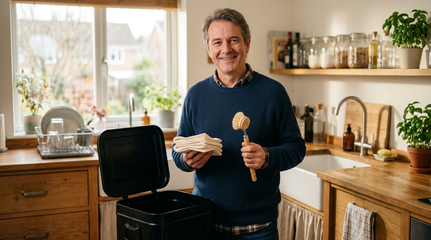 Homme tenant des lingettes lavables et une brosse en bois