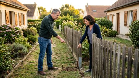 voisins en désaccord près d'une clôture de jardin