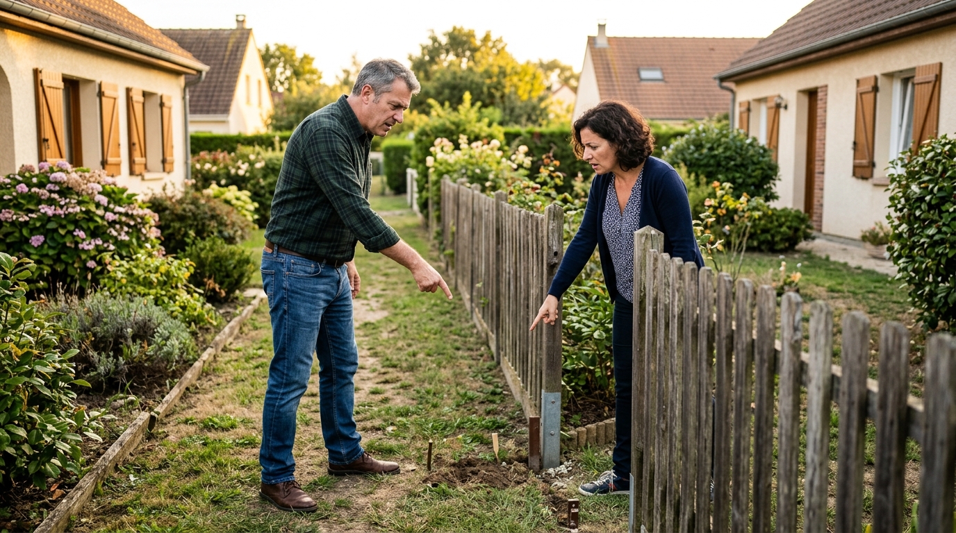 voisins en désaccord près d'une clôture de jardin