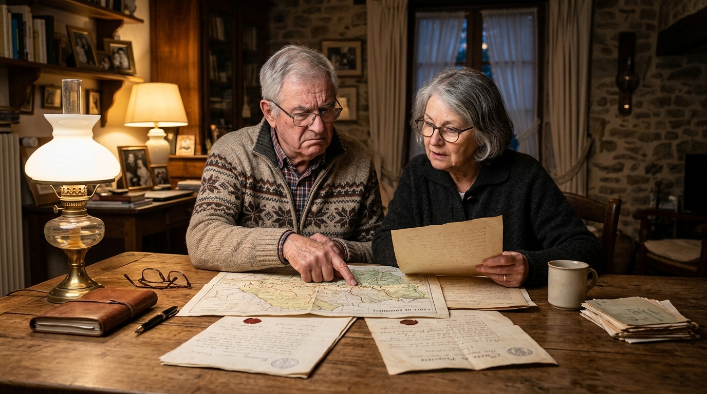 couple consultant d'anciens actes de propriété à la maison
