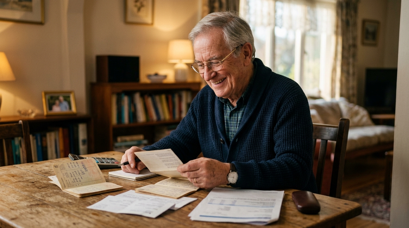 Retraité comparant plusieurs livrets d'épargne à la maison