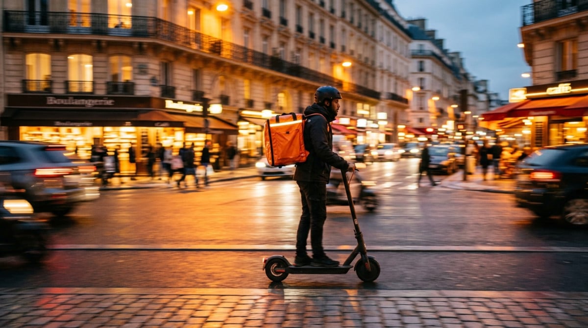 Livreur à scooter électrique transportant une pizza en ville