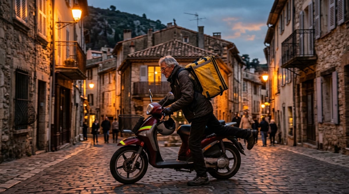 Livreur senior à scooter dans une rue de Perpignan
