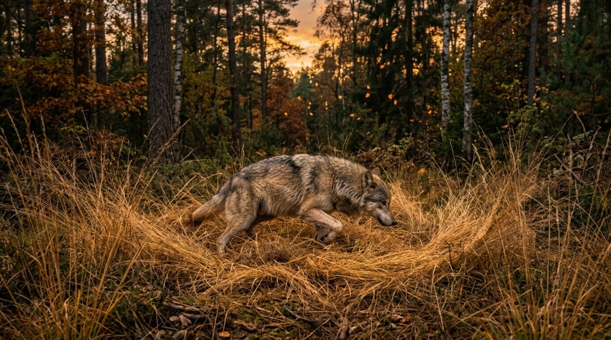 Loup sauvage aplatissant l'herbe avant de se coucher