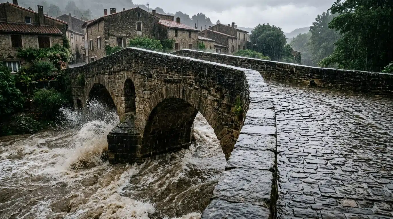 Rivière en crue sous une pluie intense