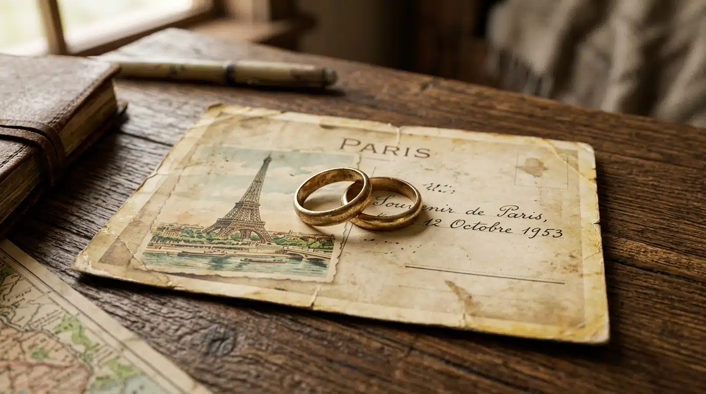 Photo ancienne et alliances sur table en bois vintage