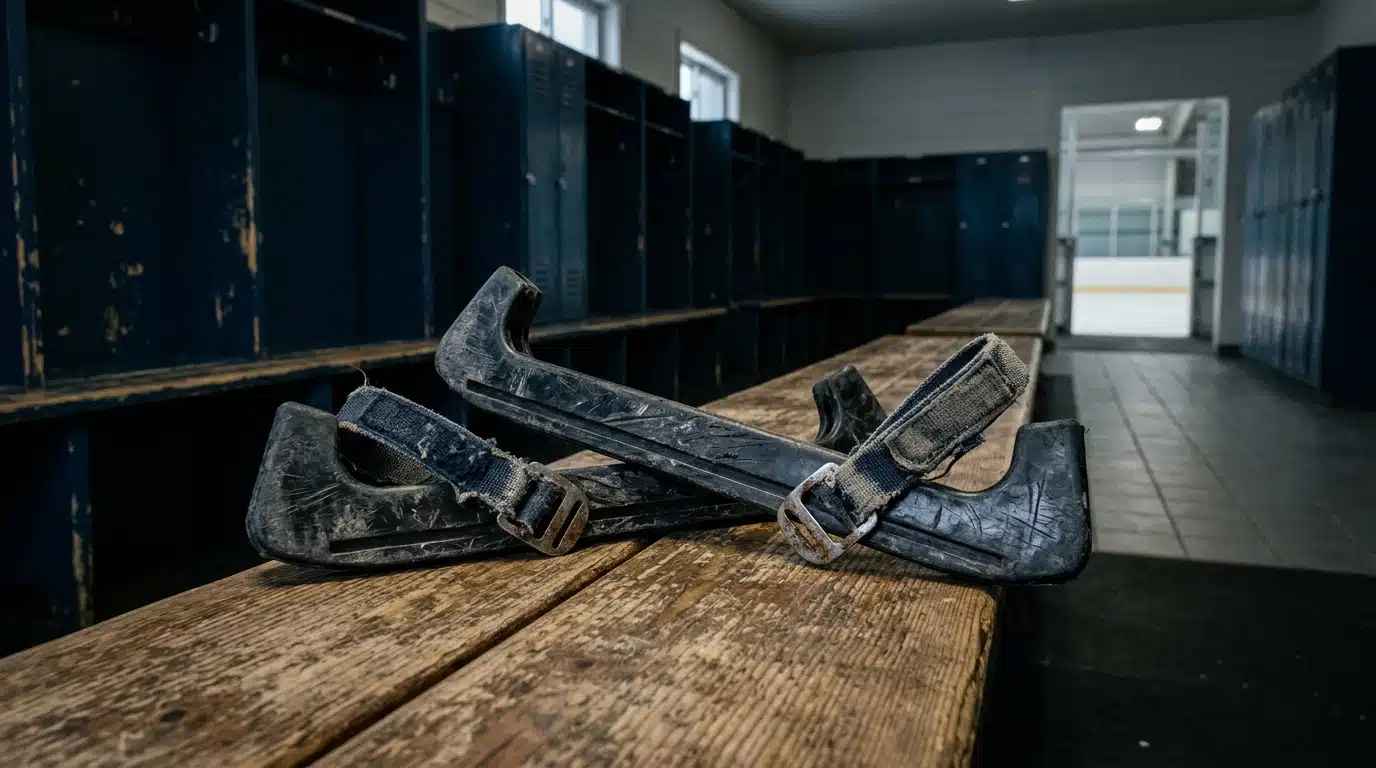 Protège-lames usés posés sur un banc de vestiaire